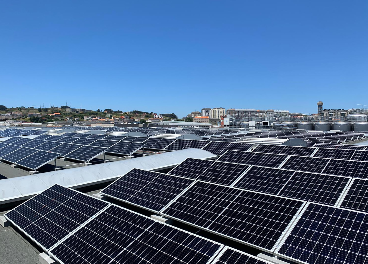 Paneles solares sobre fábrica de Estrella Galicia