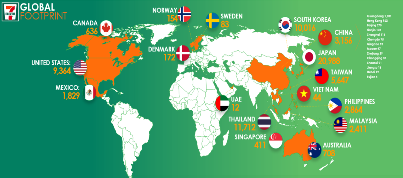 Mapa de sucursales de Seven Eleven
